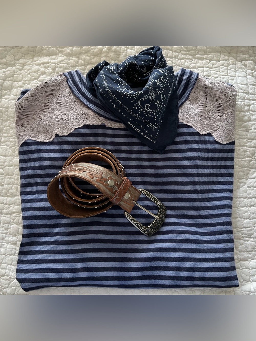 We The Free Oversized Striped Crew Neck Jersey T-Shirt w. Lace Appliqué. - Picture 5 of 9